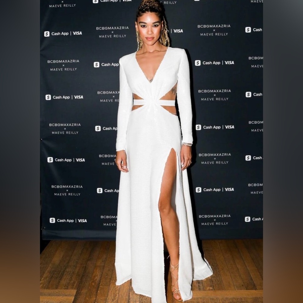 BCBG Max Azria x Maeve Reilly White Sequin Long Sleeve Cut Out Maxi Dress 4